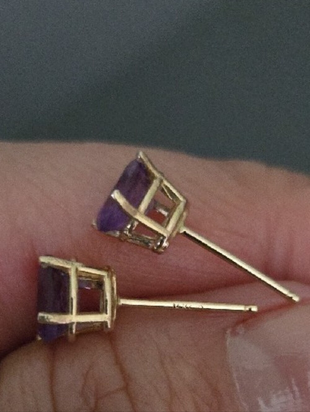 Solid 14k Yellow Gold Amethyst Stud Earrings - Picture 4 of 6
